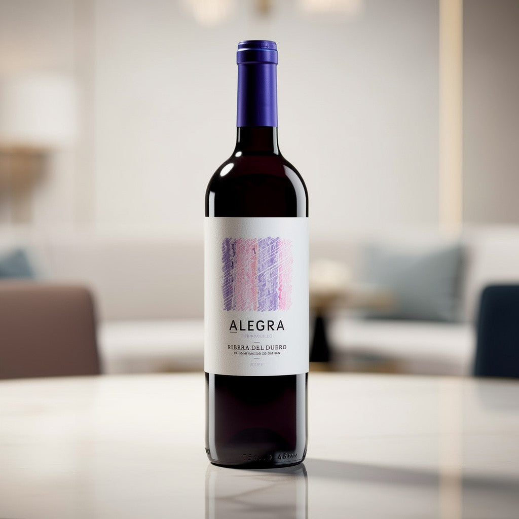 Rødvins flaske på lyst bord - Alegra Joven. Tempranillo 2025
