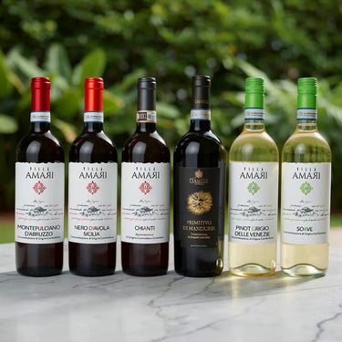 6 flasker vin på et bord - Cantina Danese smagekasse
