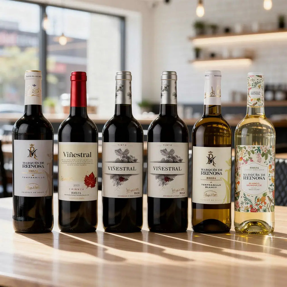 6 flasker på et bord - Rioja smagekasse fra Marques de Reinosa
